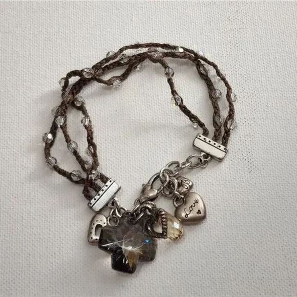 BRIGHTON KARMA‎ jeweled crystal cross, heart, and love triple strand bracelet - Picture 1 of 6